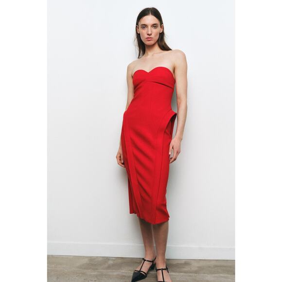 ❤️ ZARA Red Fitted Midi Dress NWT | Sweetheart Neck Off Shoulder M - Picture 11 of 15
